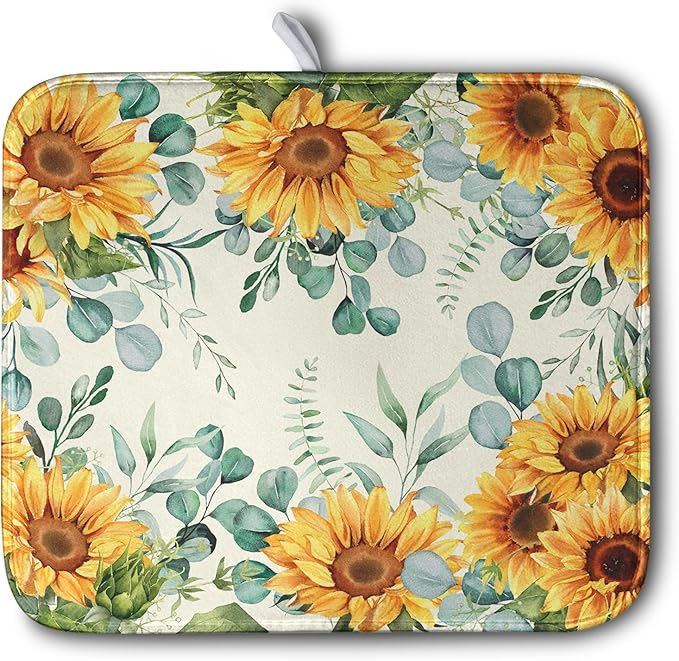 Sunflowers Dish Drying Mat for Kitchen Counter Yellow Flower Green Leaves Dish Draining Mats Spring Summer Floral Dishes Pad Microfiber Absorbent Dish Drainer Rack Mat 16x18 Inch by Kwlegh