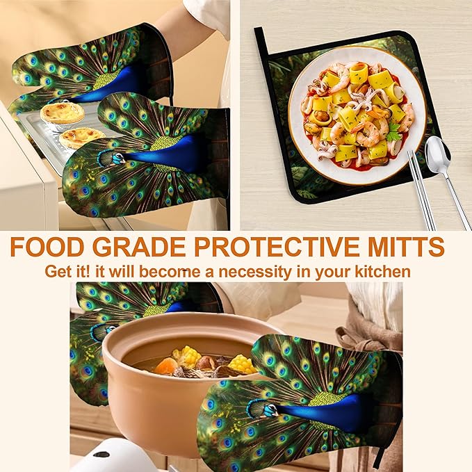 Peacock Pattern Oven Gloves and Hot Pads Set - Heatproof Hand Protection for Baking, Grilling, Cooking 4Pcs