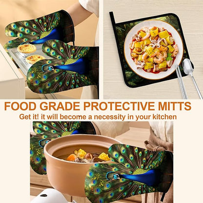 Peacock Pattern Oven Gloves and Hot Pads Set - Heatproof Hand Protection for Baking, Grilling, Cooking 4Pcs