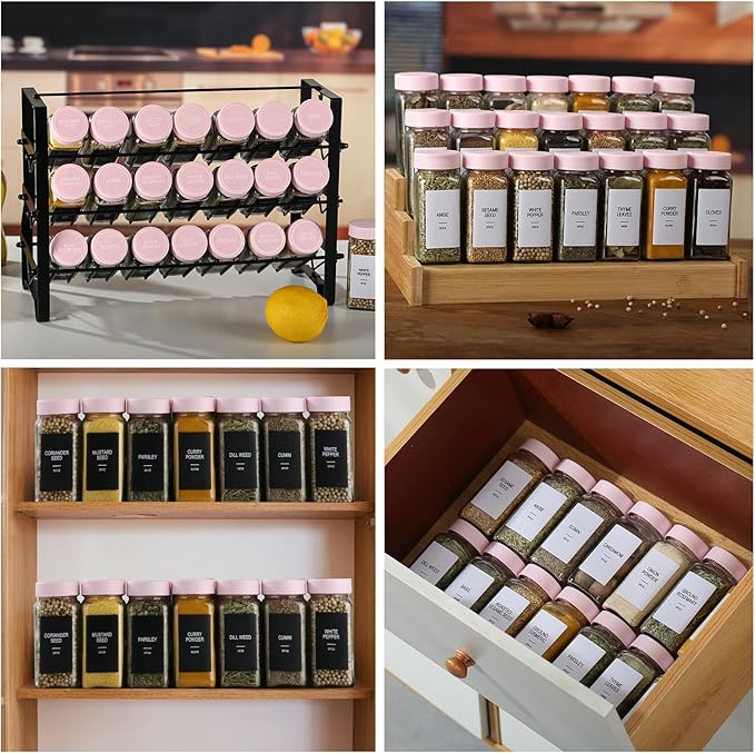 48 Glass Spice Jars with Labels, Spice Jar Set, 4oz Seasoning Containers, Spice Containers with Pink Airtight Lids and Shaker Lids, Square Empty Spice Bottles, 492 Labels, 1 Funnel - Image 6