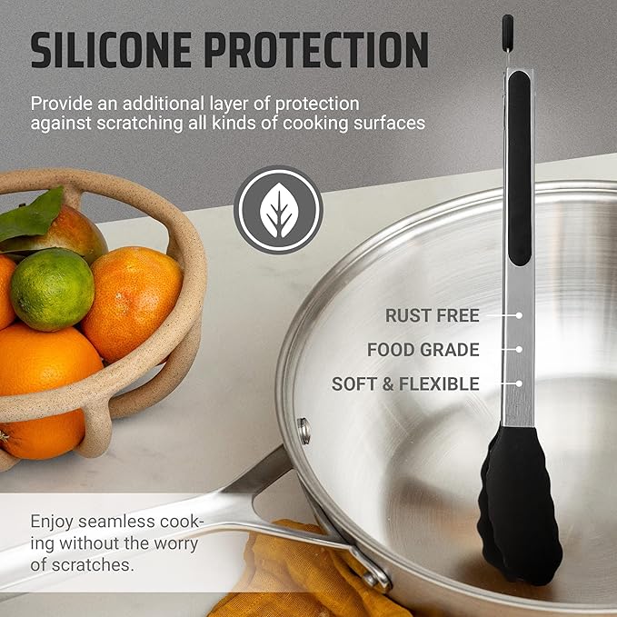 Kaluns Kitchen Tongs for Cooking Grilling Set of 4, BBQ Grill Tongs With Silicone Tip Stainless Steel Heat Resistant, Non-stick Pull Lock, Incl 7, 9, 12 Inch Tong Plus a Silicone Spatula - Image 3