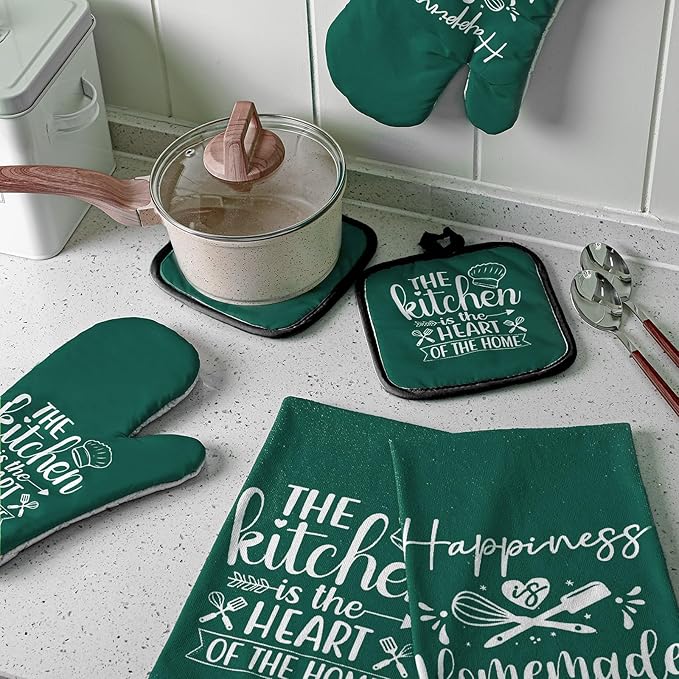 Sratte 6 Pcs Kitchen Decor Accessories Set Farmhouse Towels Pot Holders Oven Mitts Set 2 Dish Towels 2 Potholders 2 Cooking Mittens Oven Glove for Christmas Baking Cooking(Dark Green,Kitchen) - Image 3