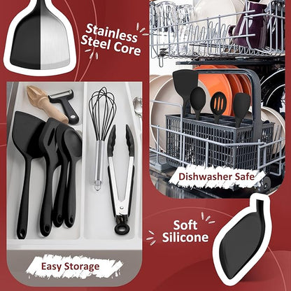 Silicone Cooking Utensils Set of 10, Leonyo Black Kitchen Utensils Set for Cooking, 446°F Heat Resistant Silicone Kitchen Tools with Turner Spatula, Soup Ladle, Serving Spoons for Nonstick Cookware
