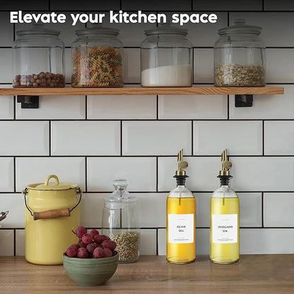Spaceneat Olive Oil Dispenser Bottle - Includes 55 Kitchen Essential Labels - Cooking Oil Bottles for Kitchen, Coffee Syrup Dispenser - Pourer Spout with 16.9 fl oz Glass Container Cruet - 2pcs, Gold