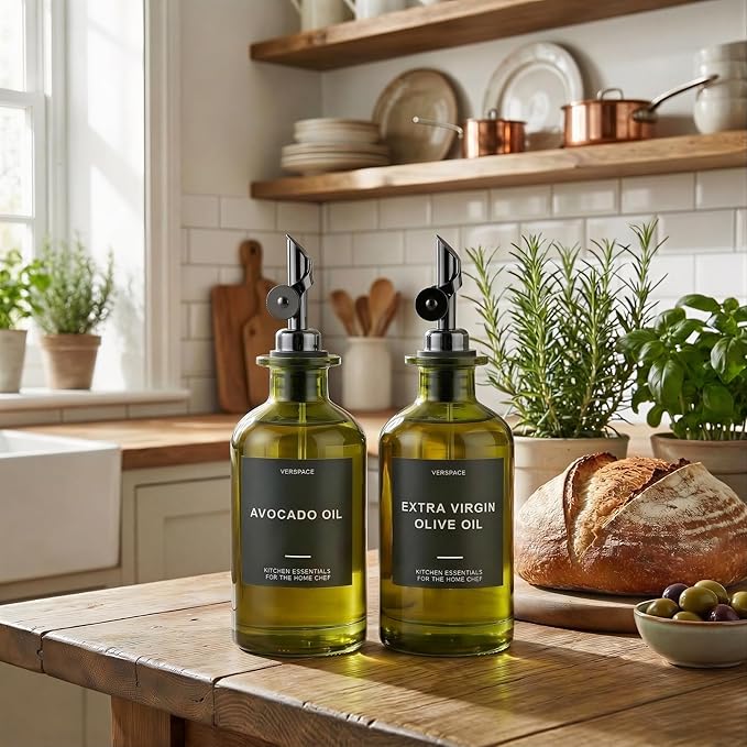 Verspace UV-Protected Green Glass Olive Oil Dispenser Bottles For Kitchen - 2 Pack - 17oz Includes 40 Kitchen Essential Labels, Avocado Oil Dispenser Set, Modern Decor for Home, Airbnb, Cafe - Image 2