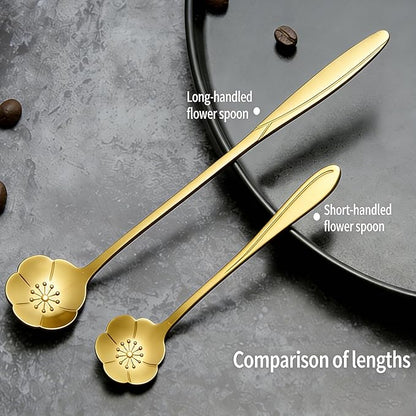 12 Pcs Flower Coffee Tea Spoons Set with Storage Bag, 4 Long & 8 Short Stainless Steel Teaspoons for Sugar Dessert Ice Cream Stirring, Cute Fancy Tableware for Tea Party Kitchen Cafe Bar(Gold)