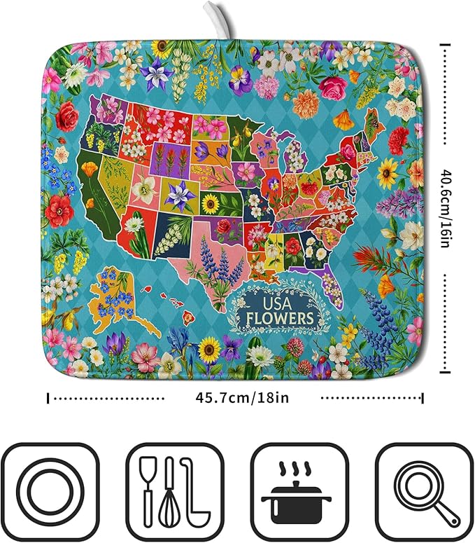 Flower Map Dish Drying Mat American Floral Decoration Coffee Mat for Kitchen Counter - Image 2