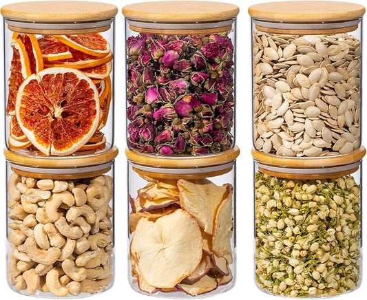 25oz 6PCS Round Airtight Glass Food Storage Jars, Clear Glass Food Storage Container with Bamboo Lid, Stackable Spice Jar, Kitchen Canister for Sugar, Tea, Coffee bean, Pasta, Oat, Spice