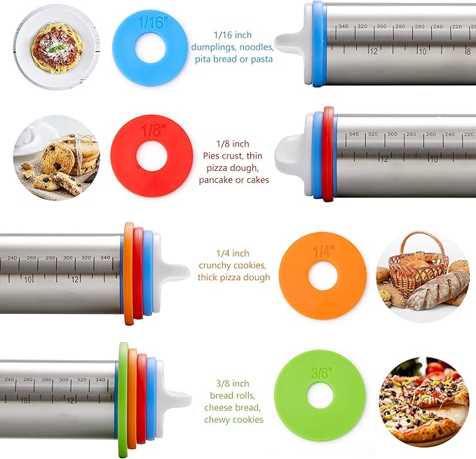 Rolling Pin with Thickness Rings, Fulimax 17" Adjustable Stainless Steel Rolling Pins for Baking, Dough Roller for Fondant Pizza, Pie, Pasta, Cookies, Cakes, Kitchen Baking Supplies - Image 3