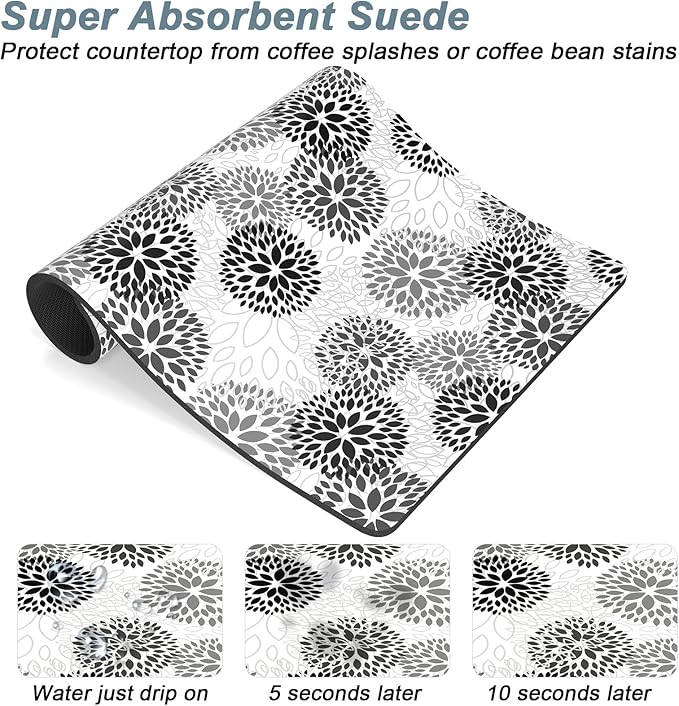 Rnivvi Coffee Mat, 12" x 19" Cute Coffee Bar Mats for Espresso Machine Station Accessories and Organizer, Hide Stain Rubber Backed Absorbent Dish Drying Pad for Kitchen Counter, Cartoon Flowers - Image 3