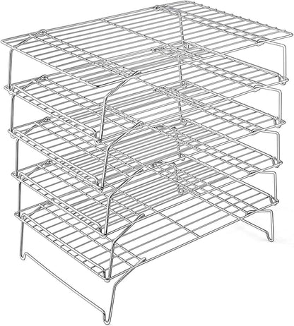 P&P CHEF Cooling Rack, 5-Tier Stainless Steel Stackable Baking Cooking Racks for Cooling Roasting Grilling, Collapsible & Heavy Duty, Oven Safe & Easy Clean, 15" x 10", Silver