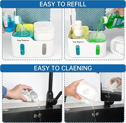 Hand Soap and Dish Soap Dispenser Set for Kitchen, Dual Soap Dispenser with Sponge Holder and Dishcloth Holder 4-in-1 Organizer for Kitchen Sink Countertop, Useful Kitchen Gadgets (White) - Image 6