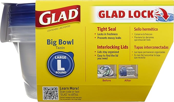Glad GladWare Big Bowl Food Storage Containers with Lids, Large Round No BPA Plastic Containers for Soups, Salads, and Meal Prep, Lock Tight Seal, Microwave Dishwasher Safe, 48 Oz, 3 Count - Image 2