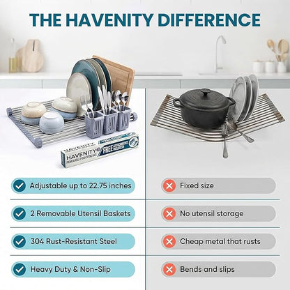 Havenity™ Expandable Roll Up Dish Drying Rack with Drying Mat - Adjustable Up to 22.75" with 2 Free Attachments & 2 Removable Baskets, 304 Stainless Steel Over The Sink Dish Drying Rack Cover Kitchen