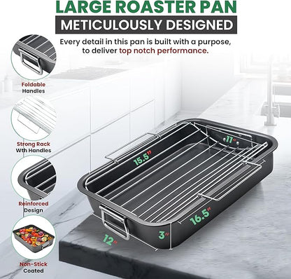 Large Roasting Pan With Rack 12” x 16” - Non Stick Large Roaster Pan and V-Rack With Foldable Handles - Roasting Pans for Ovens to Elevate Food for Even Heating - Dishwasher Safe Turkey Roast Pot