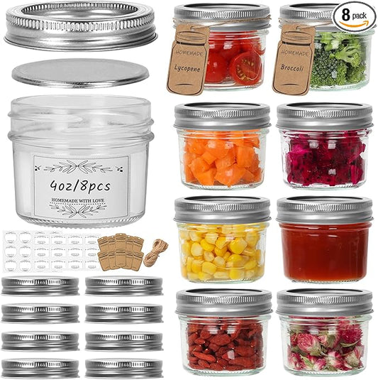 Eathtek Small Mason Jars 8 Pack, 4oz/120ml Mini Canning Jars with Regular Lids for Jelly Herbs Spice Honey Storage, Small Glass Jars Candle jars, Extra Lids Tags Label Included
