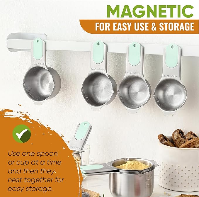 Spring Chef Magnetic Measuring Cups & Spoons Set, Patented, Strong N45 Magnets, Heavy Duty Stainless Steel Fits in Spice Jars for Baking & Cooking, BPA Free, Round Set of 15 with Leveler, Mint - Image 4