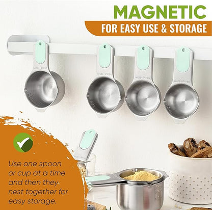 Spring Chef Magnetic Measuring Cups & Spoons Set, Patented, Strong N45 Magnets, Heavy Duty Stainless Steel Fits in Spice Jars for Baking & Cooking, BPA Free, Round Set of 15 with Leveler, Mint - Image 4