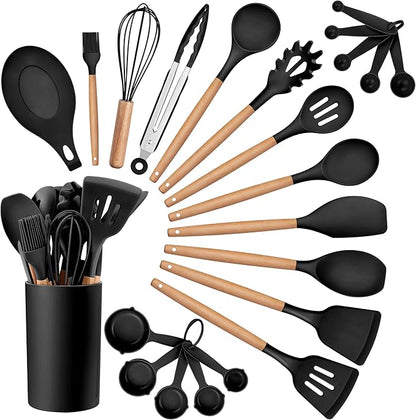 HaWare Kitchen Cooking Utensils Set, 23-Piece Silicone Kitchen Utensils Spatula Set with Holder, Heat Resistant Wooden Handle Kitchen Gadget for Nonstick Cookware, Food-grade Turner Spoon Sets (Black) by HaWare