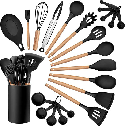HaWare Kitchen Cooking Utensils Set, 23-Piece Silicone Kitchen Utensils Spatula Set with Holder, Heat Resistant Wooden Handle Kitchen Gadget for Nonstick Cookware, Food-grade Turner Spoon Sets (Black) by HaWare