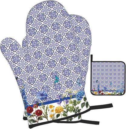 Blue Chinoiserie Oven Mitts Heat Resistant,Cute Floral Pot Holders and Kitchen Mitts, Heat Resistant Non-Slip Baking Golves Hot Pads for Cooking BBQ Grilling,Housewarming Gifts for Women Hostress