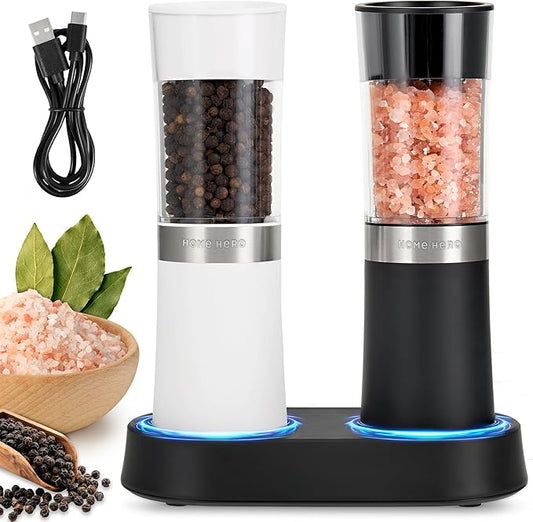 Home Hero Electric Salt and Pepper Grinder Set - Automatic Salt and Pepper Grinder Set Rechargeable. Electronic Salt and Pepper Shakers with LED Light, Gravity Electric Pepper & Salt Grinder, Set of 2 by HomeHero