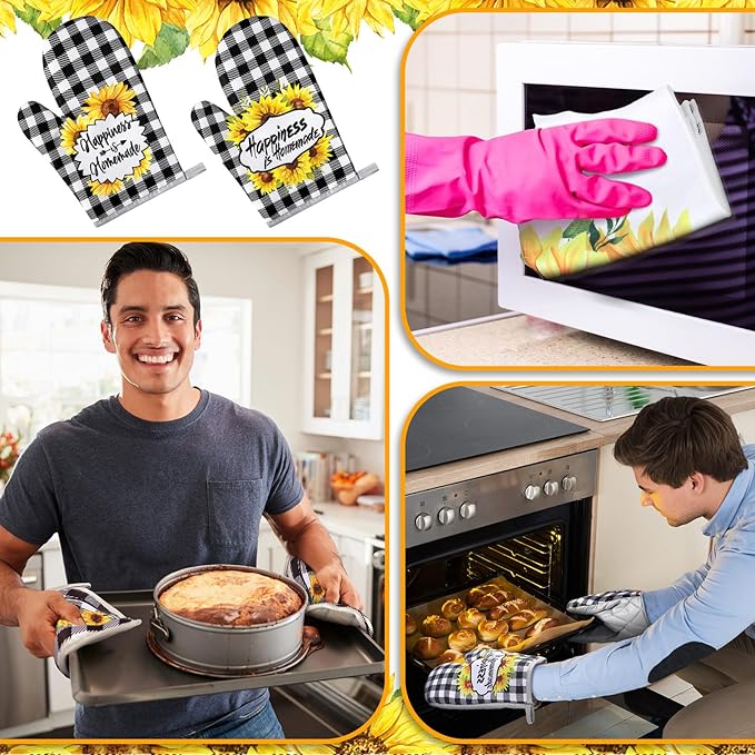 Leinuosen 6 Plaid Sunflower Kitchen Towels Kitchen Decor and Accessories Set Floral Plant Oven Mitts and Pot Holders Sets Farmhouse Absorbent Dish Towels for Cooking Baking Grilling - Image 6