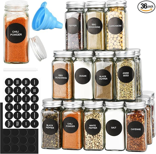 DkOvn 36pcs Glass Spice Jars, 4oz Empty Spice Jars with Metal Caps, Labels, Shaker Lids, Collapsible Funnel, Chalk Pen, Seasoning Organizer for Spice Rack by DkOvn