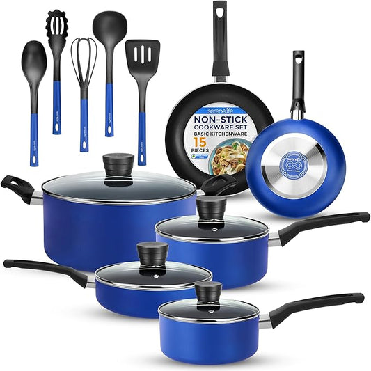 SereneLife 15-Pc Blue Nonstick Cookware Set, Heat-Resistant Pots & Pans Set with Lids, Dishwasher Safe, Includes Matching Utensils by SereneLife