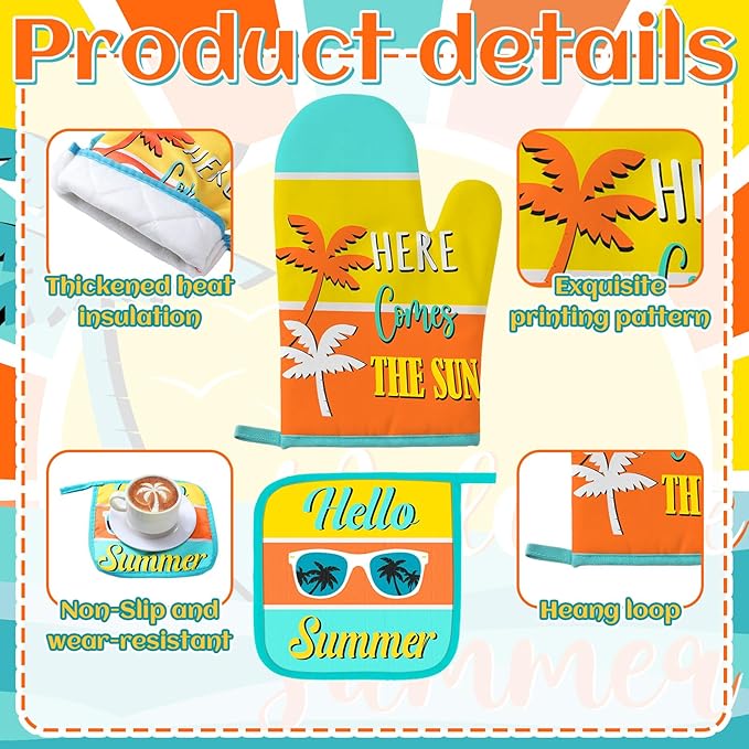 Fourluoo 10 Pcs Hello Summer Kitchen Decor and Accessories Sunshine Beach Oven Mitts and Pot Holders Set Sunglass Dish Towels Boho Kitchen Decor Palm Gloves for Baking Cooking Grilling BBQ Women Gift