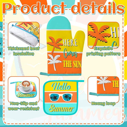 Fourluoo 10 Pcs Hello Summer Kitchen Decor and Accessories Sunshine Beach Oven Mitts and Pot Holders Set Sunglass Dish Towels Boho Kitchen Decor Palm Gloves for Baking Cooking Grilling BBQ Women Gift