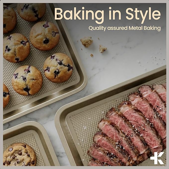 BAKKEN Kitchen Baking Pans - Nonstick White Coating, 13.58’’ × 9.65’’ Commercial Grade Carbon Steel Cookie Sheet, Diamond Texture Bottom, PFOA, PFOS, PTFE Free, Oven Safe Tray (450°F), White Marble - Image 8