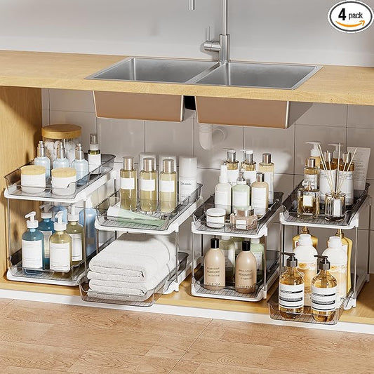 Delamu 2-Tier Multi-Purpose Bathroom Under Sink Organizers and Storage, Stackable Kitchen Pantry Organization, Pull Out Medicine Cabinet Organizer with Movable Dividers, Grey, 4 Pack by DELAMU