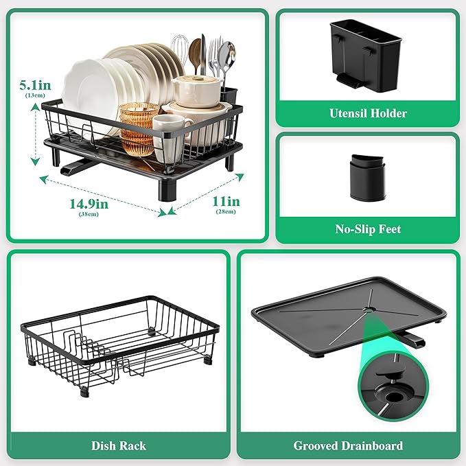 MOUKABAL Dish Drying Rack, Dish Rack, Stainless Steel Dish Racks for Kitchen Counter, Dish Drainer with Removable Utensil Holder, Drainboard (Black,11''W x 15''L) - Image 2