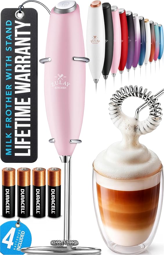 Zulay Powerful Milk Frother (4 Duracell Batteries Included) - Handheld Milk Frother Wand Drink Mixer for Coffee - Powerful Milk Foamer for Cappuccino, Frappe, Matcha & Creamer - Cotton Candy by ZulayKitchen