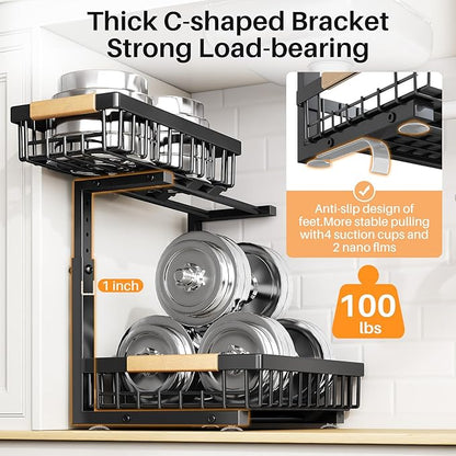 PXRACK Under Sink Organizer, Adjustable Height, 2 Tier Pull Out Under Cabinet Organizer, Slide Out Thickened Metal Under Sink Storage for Kitchen Bathroom Laundry Pantry Cabinet, Black, Small-2-Pack - Image 6