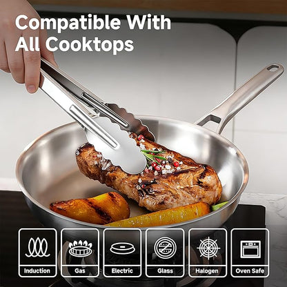 12 Inch Stainless Steel Pan with Lid & Kitchen Tongs, 3-Ply Stainless Steel Frying Pan, Induction Compatible Skillet with Even Heat for Searing, PFOA-FREE, SGS-Certificated