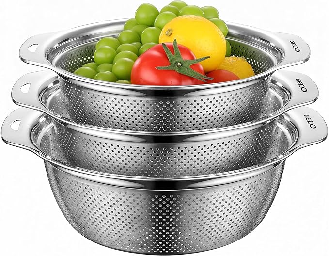 GEDO 304 Stainless Steel Colander Set, 3 Pack Kitchen Food Strainer with Handles, Nestable Metal Colanders for Washing Vegetables Fruits, Draining Pasta, Rinsing Rice, Dishwasher Safe Sink Strainer