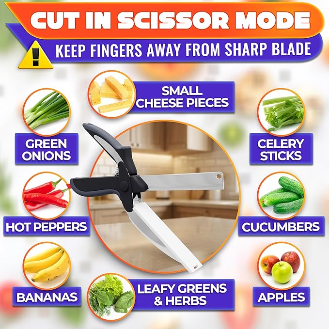 2 in 1 Kitchen Scissors for Food – Stainless Steel Blade & Plastic Cutting Board Scissors with Safety Lock | 9.5" Tomato Knife, Fruit & Vegetable Cutter – Easy-to-Use Kitchen Shears for Meat, Cheese - Image 7