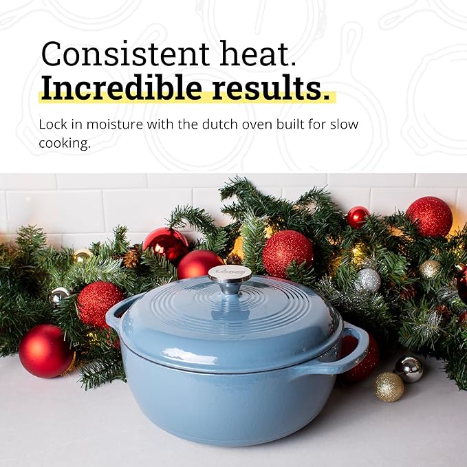 Lodge 3 Quart Enameled Cast Iron Dutch Oven with Lid – Dual Handles – Oven Safe up to 500° F or on Stovetop - Use to Marinate, Cook, Bake, Refrigerate and Serve – Storm Blue - Image 3
