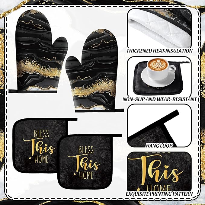 Bencailor 12 Pcs Marble Kitchen Decor and Accessories Sets 4 Black and Gold Marble Kitchen Towels 4 Farmhouse Absorbent Dishcloths 2 Pot Holders 2 Oven Mitts Gloves for Home Decor Mom Gifts