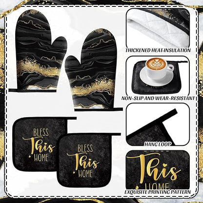 Bencailor 12 Pcs Marble Kitchen Decor and Accessories Sets 4 Black and Gold Marble Kitchen Towels 4 Farmhouse Absorbent Dishcloths 2 Pot Holders 2 Oven Mitts Gloves for Home Decor Mom Gifts