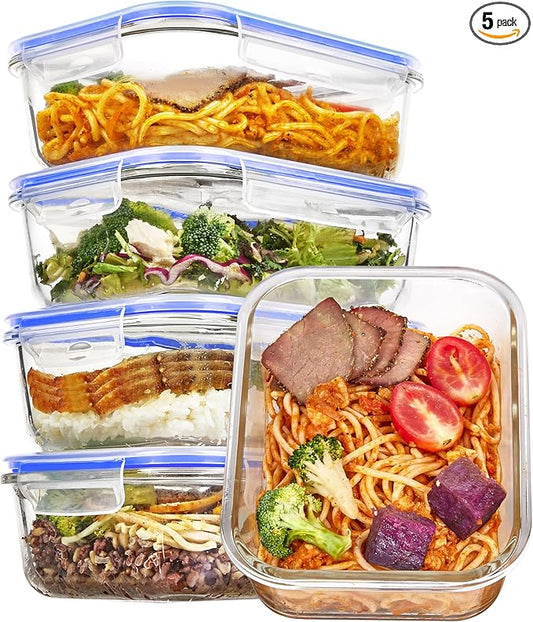 Vtopmart 5 Pack 35oz Glass Food Storage Containers with Lids, Meal Prep Containers, Airtight Reusable Lunch Container Set, Safe for Oven, Microwave, Freezer, and Dishwasher, Blue by Vtopmart