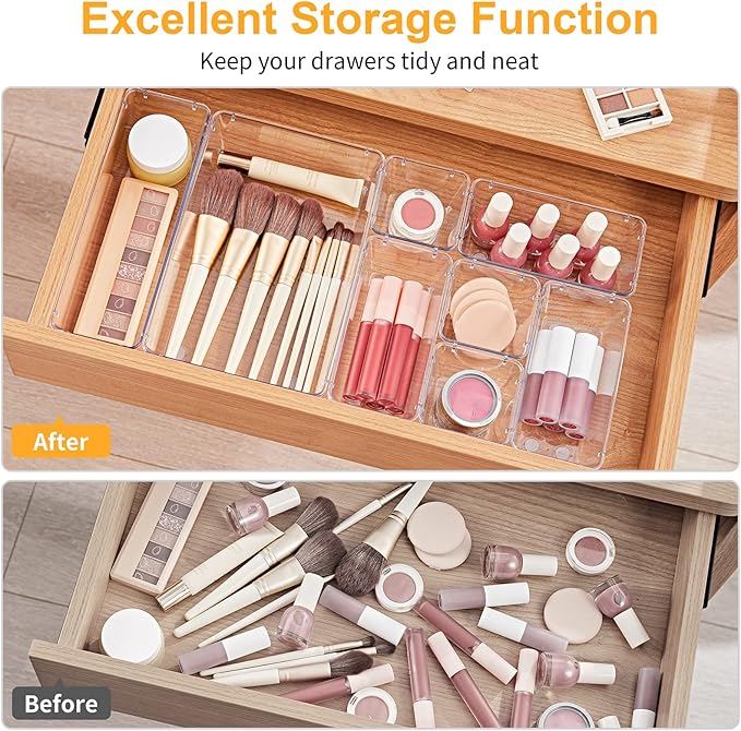 SMARTAKE 28 Piece Drawer Organizers with Non-Slip Silicone Pads, 4-Size Desk Drawer Organizer Trays Storage Tray for Makeup, Jewelries, Utensils in Bedroom Dresser, Office and Kitchen, Clear - Image 4