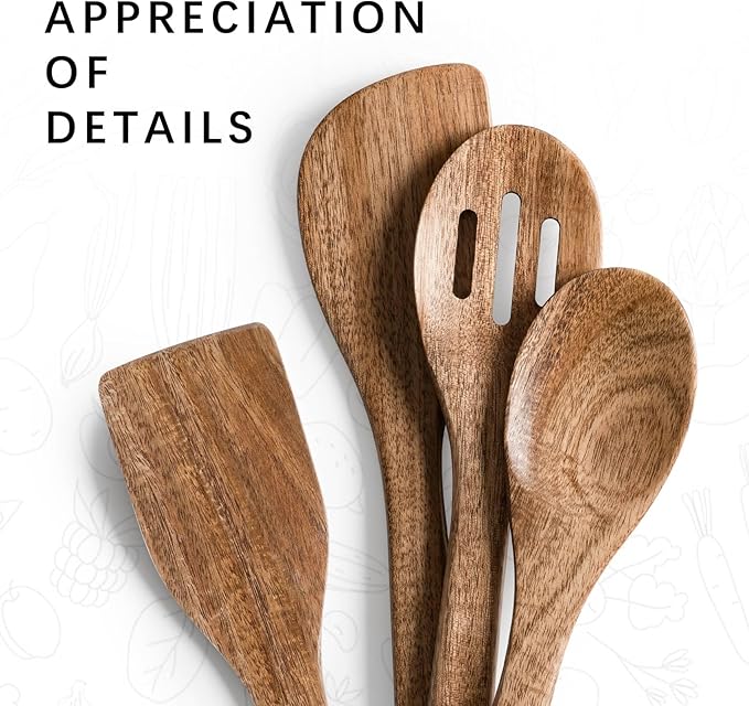 Wooden Spoons for Cooking, 4-Piece Wood Utensil Set Includes Slotted Spoon, Spoon & Wooden Spatula for Cooking – Acacia Wood Kitchen Utensil Set – 12 Inch Hardwearing Tools - Image 4