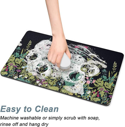 Rnivvi Coffee Mat, 12" x 19" Cute Flower Theme Coffee Bar Mats for Espresso Machine Station Accessories and Organizer, Hide Stain Rubber Backed Absorbent Dish Drying Pad for Kitchen Counter, Black - Image 5