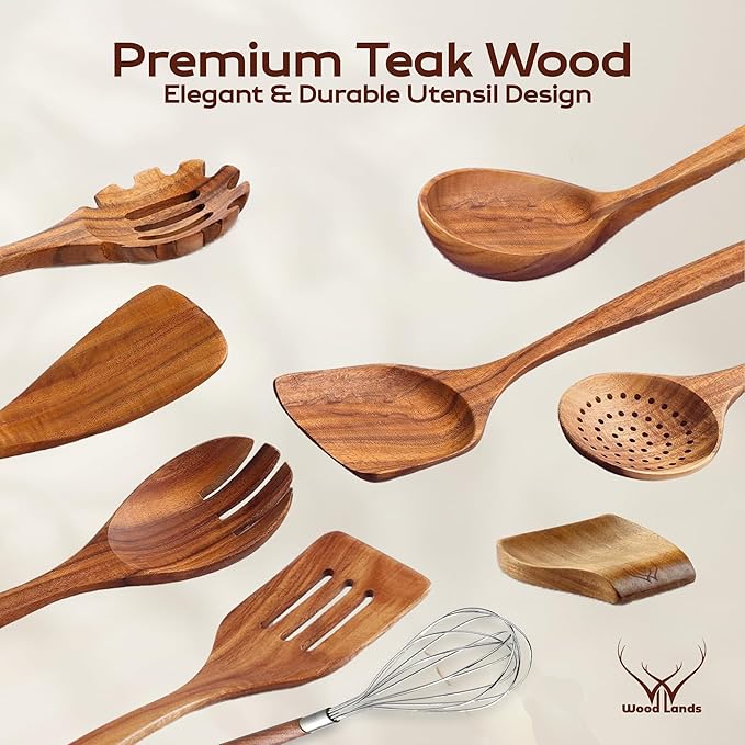 9 Pcs Teak Wooden Spoons for Cooking with Rest - Premium Utensils Set with Long Handles – Heat-Resistant Kitchen Tools for Stirring, Mixing, Serving – Durable Cooking Utensils Set with Spatula - Image 2