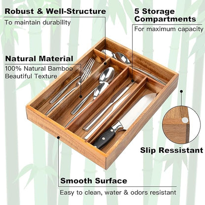 Besilord Silverware Organizer Kitchen Drawer Organizer Utensil Organizer Acacia Silverware Holder Cutlery Organizer in Drawer Flatware Organizer Tray(5 slots, Acacia - Image 4