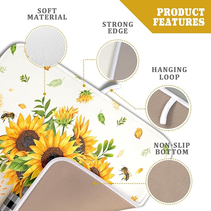 Giwawa Sunflower Vases Dish Drying Mat for Countertop, 16"x18" Summer Bee Floral Mason Jar Dish Drainer Mats, Fast Dry Microfiber Reversible Small Dish Drying Pad Kitchen Decoration