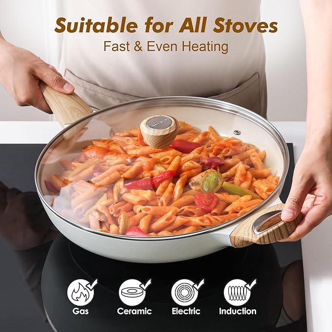 SENSARTE Ceramic Nonstick Frying Pan Skillet with Lid 12.5Inch Large Non Stick Non-toxic Healthy Kitchen Cooking Chef's Pan, Free of Intentionally Added PFOA/PFAS/PTFE, Induction Compatible, White - Image 4